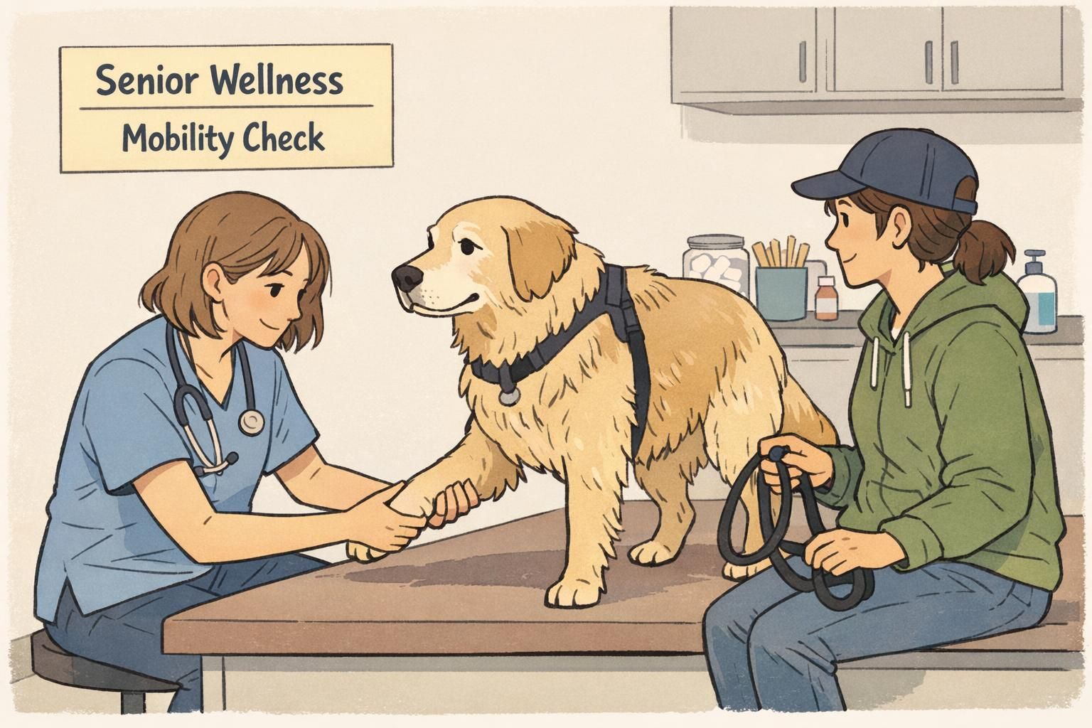 A veterinarian performs a mobility and joint check on an older service dog while the handler holds the leash, illustrating a senior wellness exam.