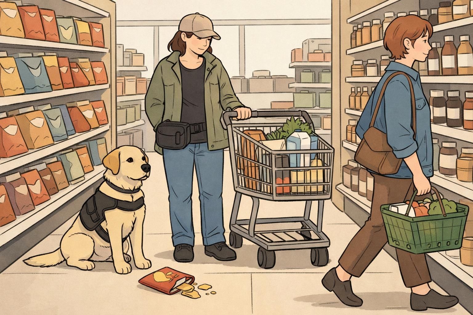 A service dog sits in a grocery store aisle next to its handler, maintaining a sit-stay and ignoring a dropped snack on the floor.