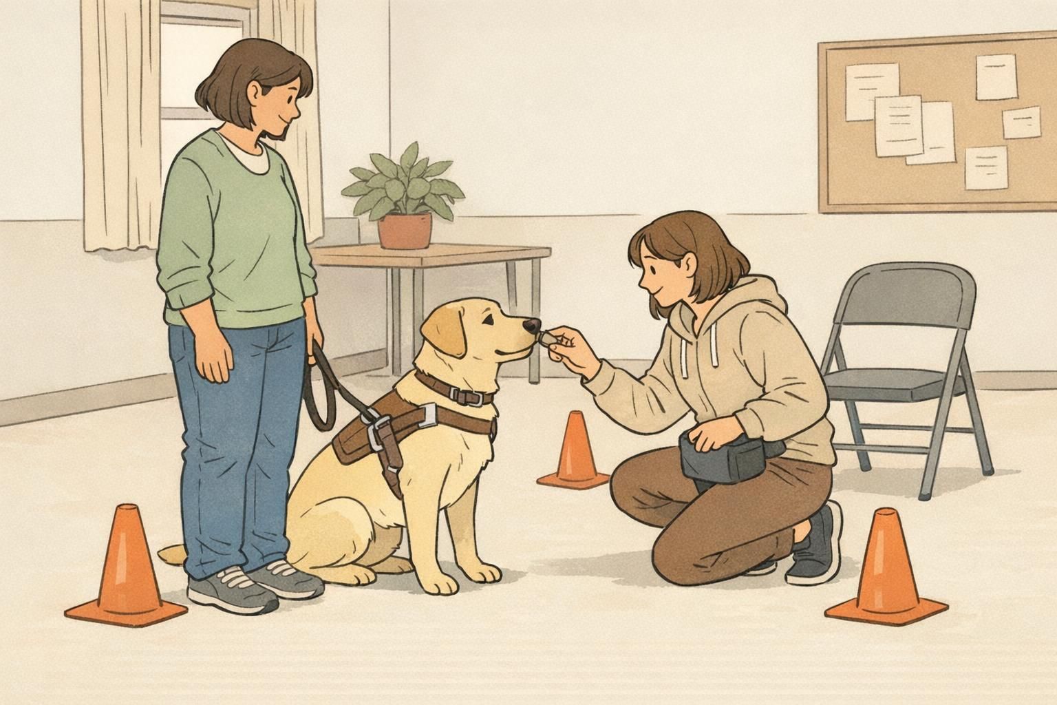 A guide dog practicing a focused heel beside its handler in a quiet indoor training room while a trainer offers a reward, with simple cones and a folded chair as props.