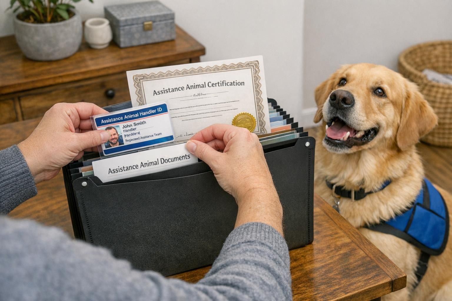 A renter placing a printed ID card and certificate into a neat folder labeled 'Assistance Animal Documents' while their assistance dog sits nearby.