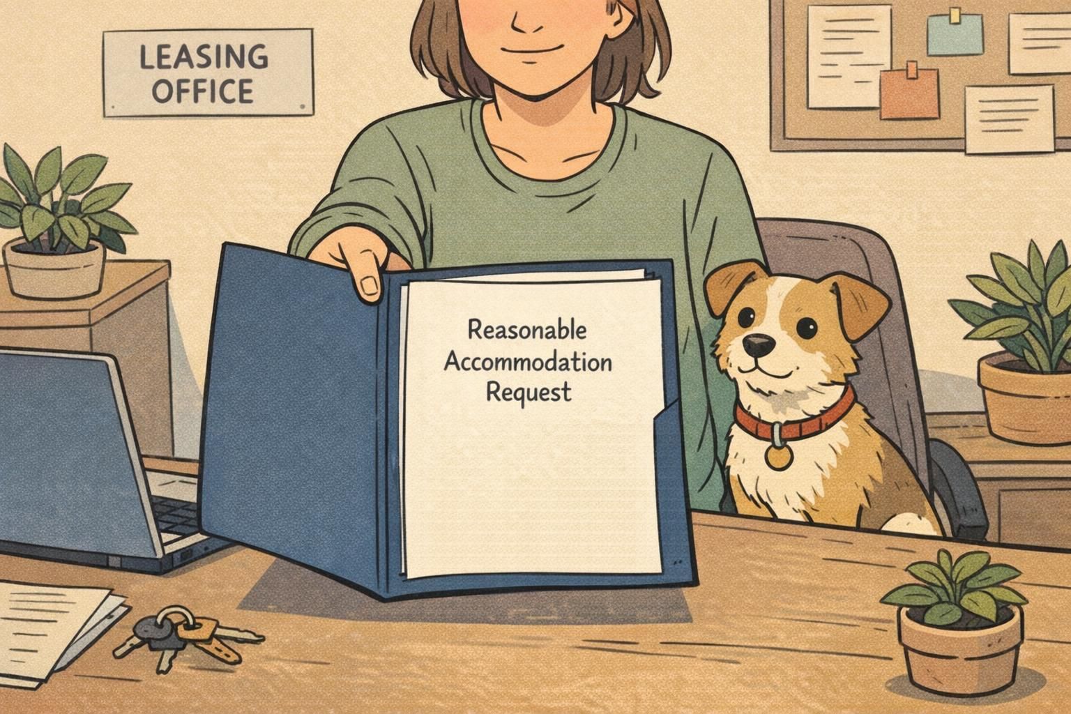 A person hands a single-page accommodation request to a leasing agent at a desk while a small dog sits politely, representing respectful ESA housing communication.