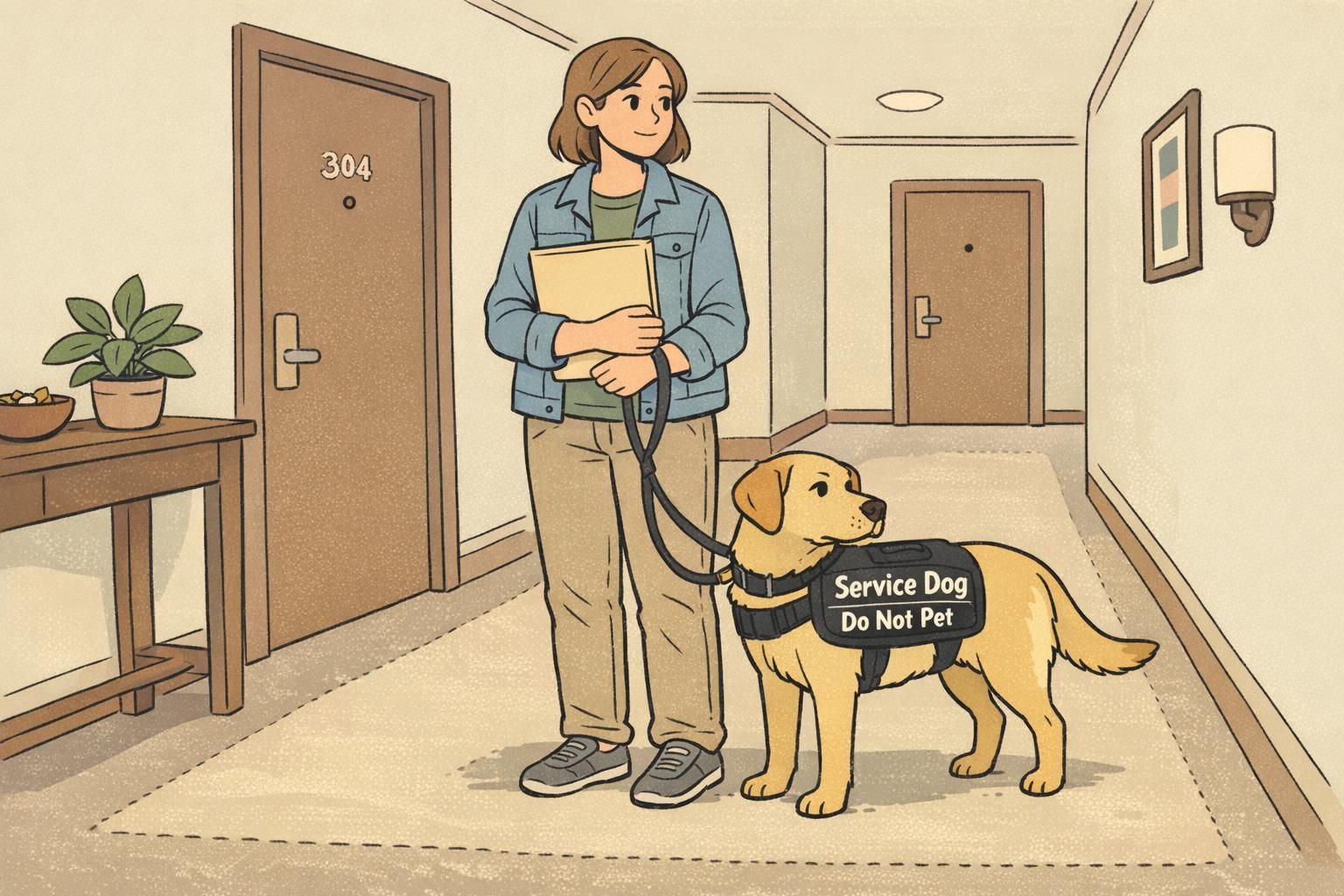 Person in an apartment hallway stands with a service dog wearing a 'Service Dog - Do Not Pet' vest while holding a neat folder for quick documentation.