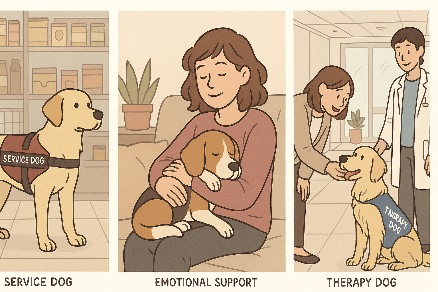 Three-panel illustration showing a service dog in a grocery aisle, an emotional support animal cuddled on a home couch, and a therapy dog visiting a hospital lobby by invitation.