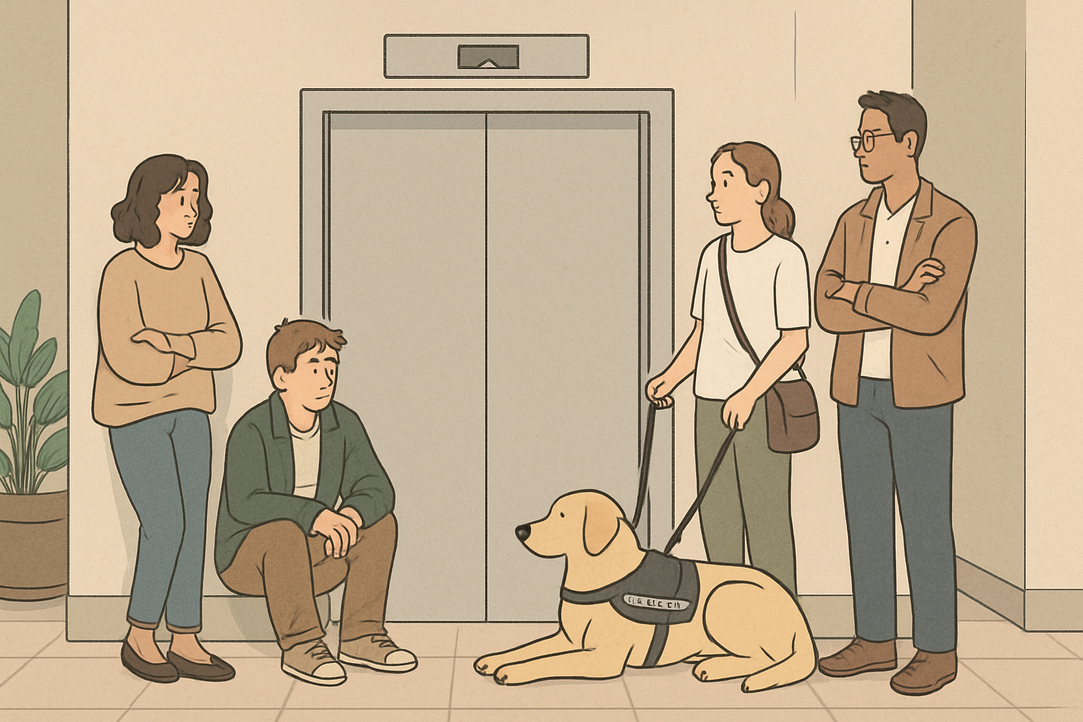 Simple lobby scene with a service dog in a relaxed down-stay next to the handler while people wait near an elevator, demonstrating calm in transit spaces.