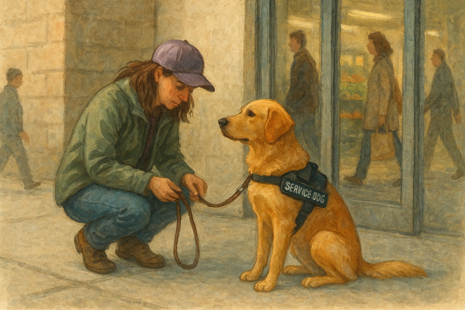 A handler and service dog pause at a grocery store entrance while the dog remains focused amid people passing, illustrating calm public access behavior.