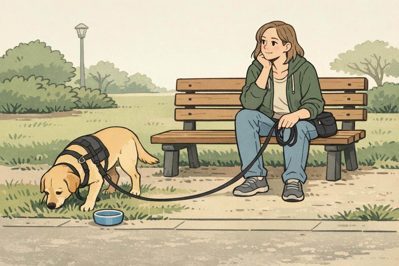 Park bench break: a handler rests while their service dog is off-duty on a long leash, calmly sniffing nearby grass with a water bowl at hand.
