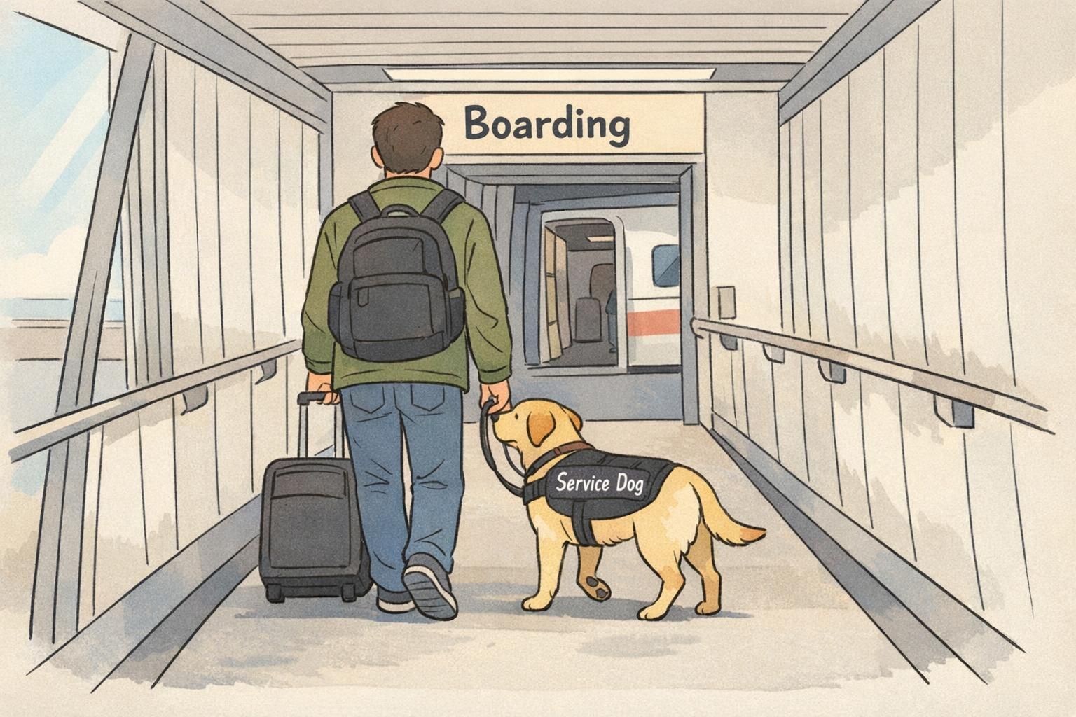 Passenger walking down an airplane jet bridge with a service dog heeling closely in a working vest, illustrating a smooth boarding transition.