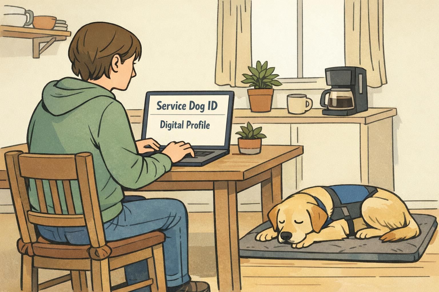 A handler at a kitchen table using a laptop to view a concise service-dog digital profile while the dog rests nearby, illustrating identification, planning, and everyday organization.