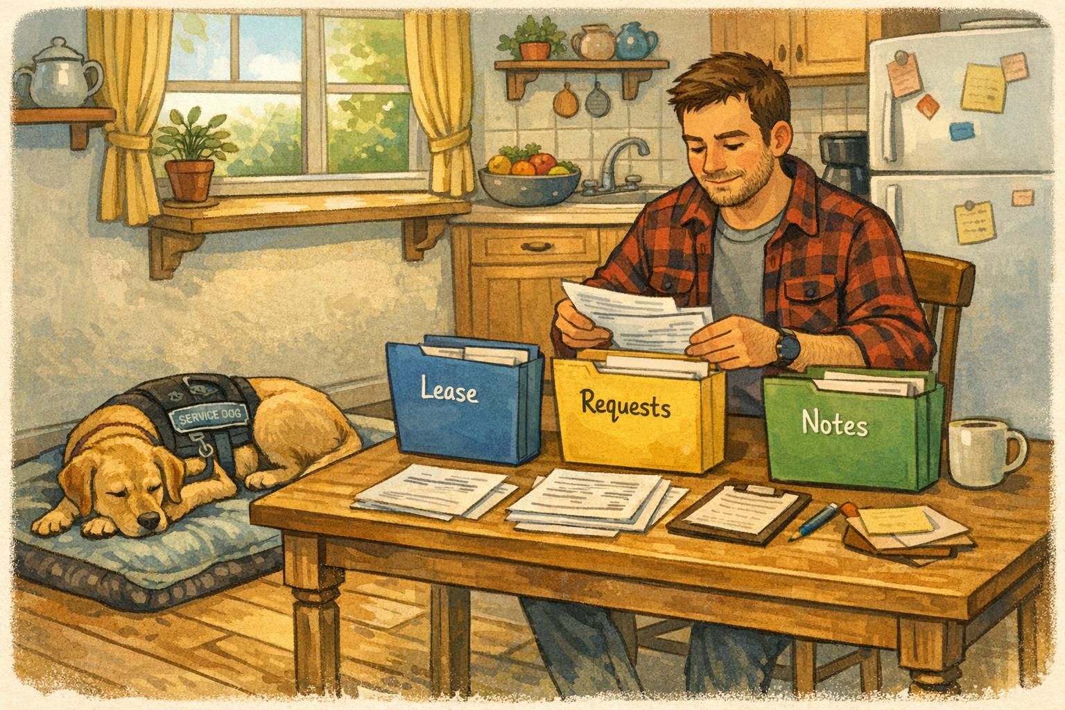 A person at a kitchen table sorting housing documents into labeled folders with an assistance dog resting nearby, showing organized paperwork for accommodation requests.