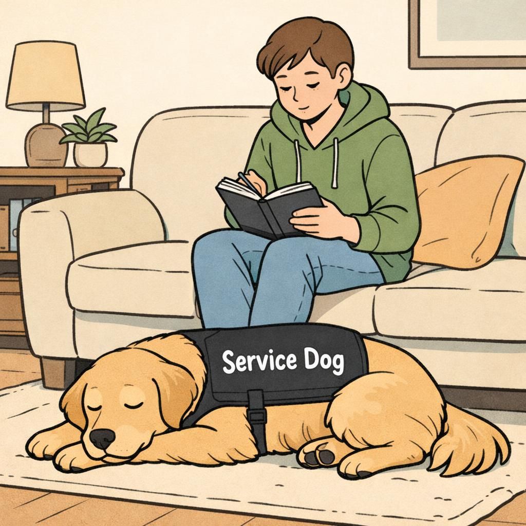 A handler sits on a living-room sofa reviewing a training notebook while a calm service dog lies at their feet wearing a visible working vest, illustrating at-home planning and preparation.