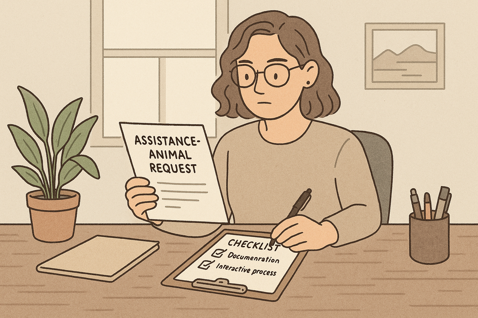 A property manager at a desk reviews an assistance-animal accommodation file and checklist while evaluating documentation.