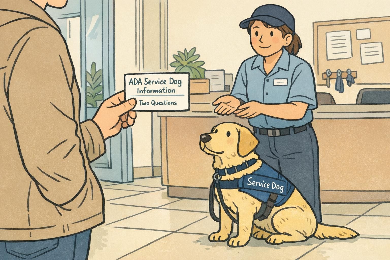 Handler presenting a small ADA service dog information card to building staff while a vest-wearing service dog sits calmly by the front door, showing identification and communication best practices.