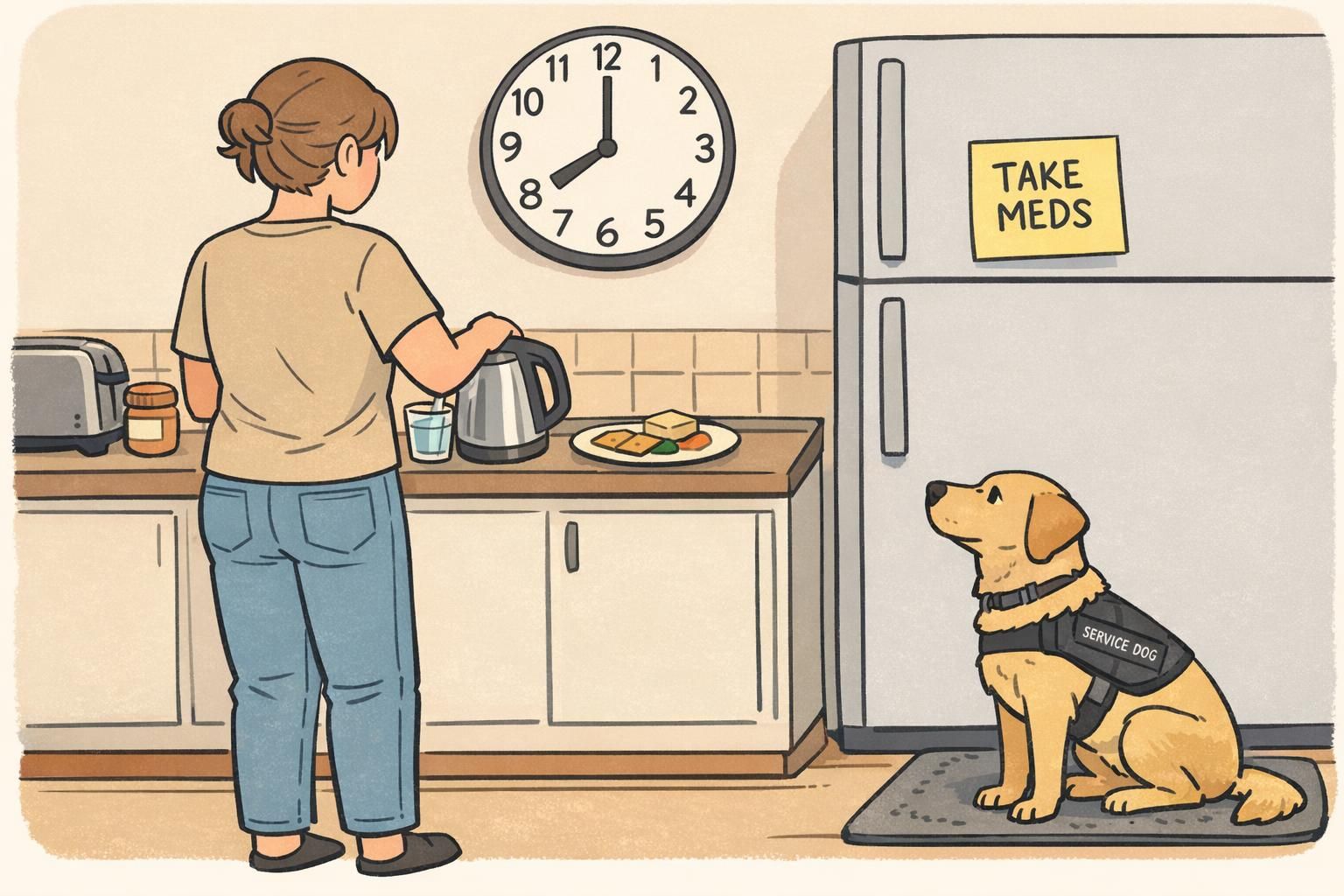 In a kitchen, a handler prepares water and a light snack while the service dog watches near a mat, illustrating routine readiness and medication habit support.
