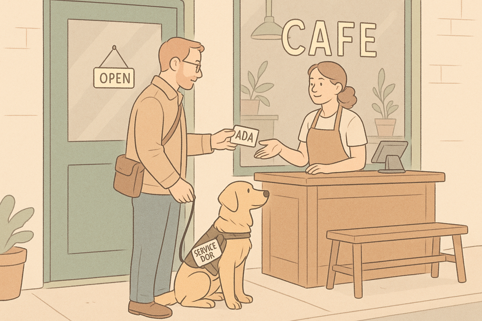 A handler calmly hands an informational card to café staff while their service dog sits quietly at heel near the entrance.