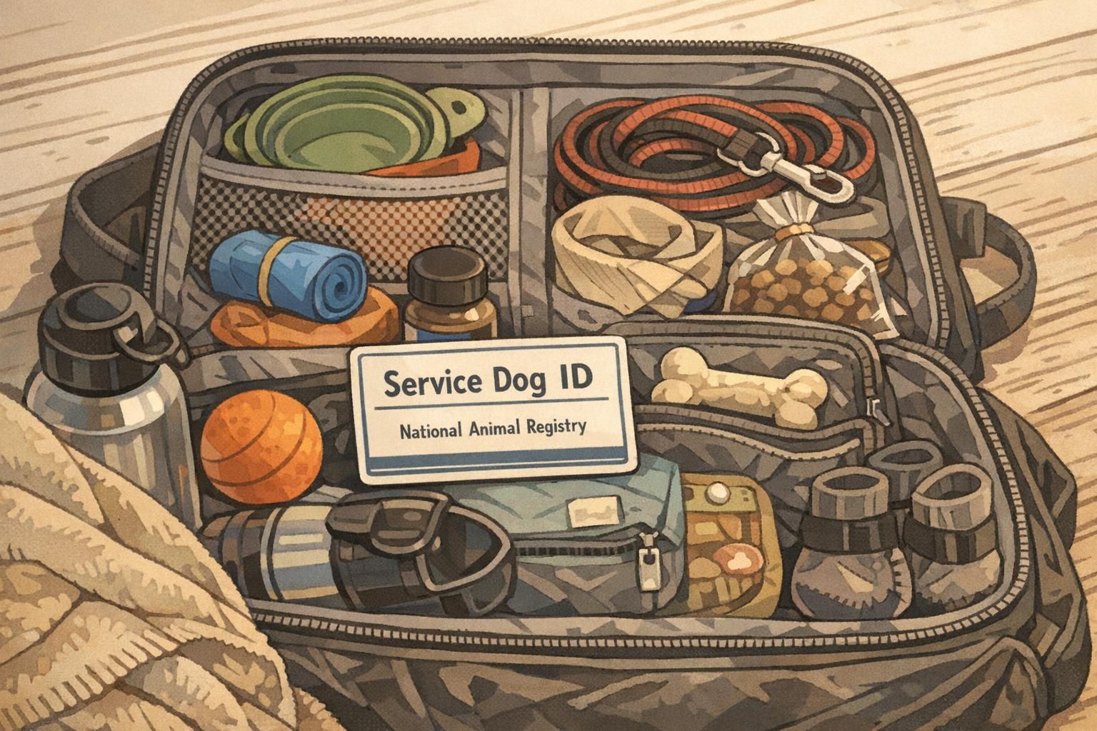 An open go-bag on a tabletop with organized dog supplies—collapsible bowl, wipes, spare leash, treats, and a visible ID card—prepared for errands.