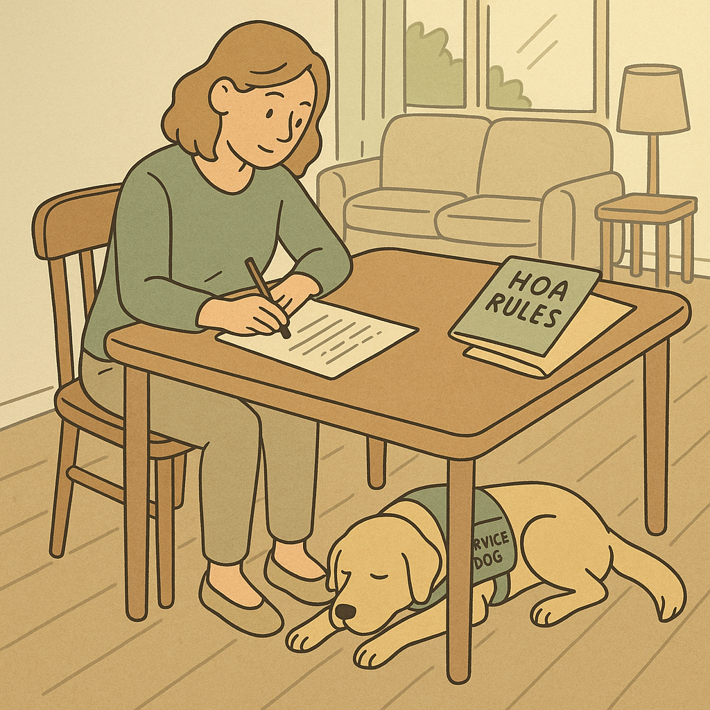 A person at a condo dining table composes a written housing accommodation request while a calm service dog lies beside the chair and a folder of HOA documents sits nearby.