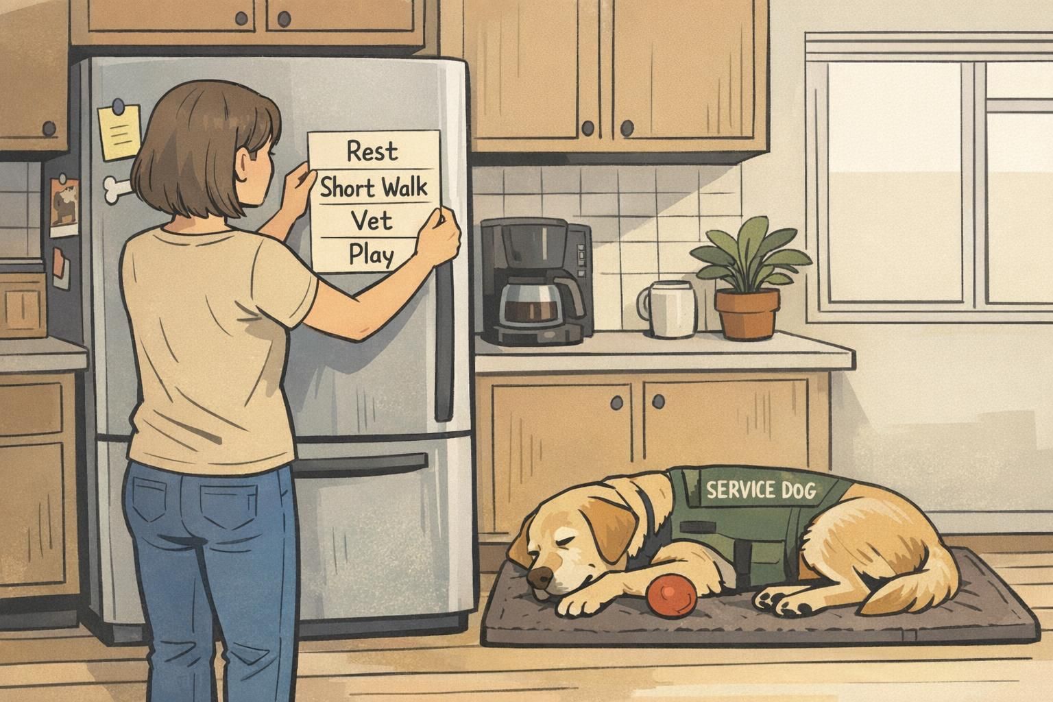 A handler pins a visible daily routine chart to the refrigerator as the retired service dog rests nearby, showing predictable schedules during transition.