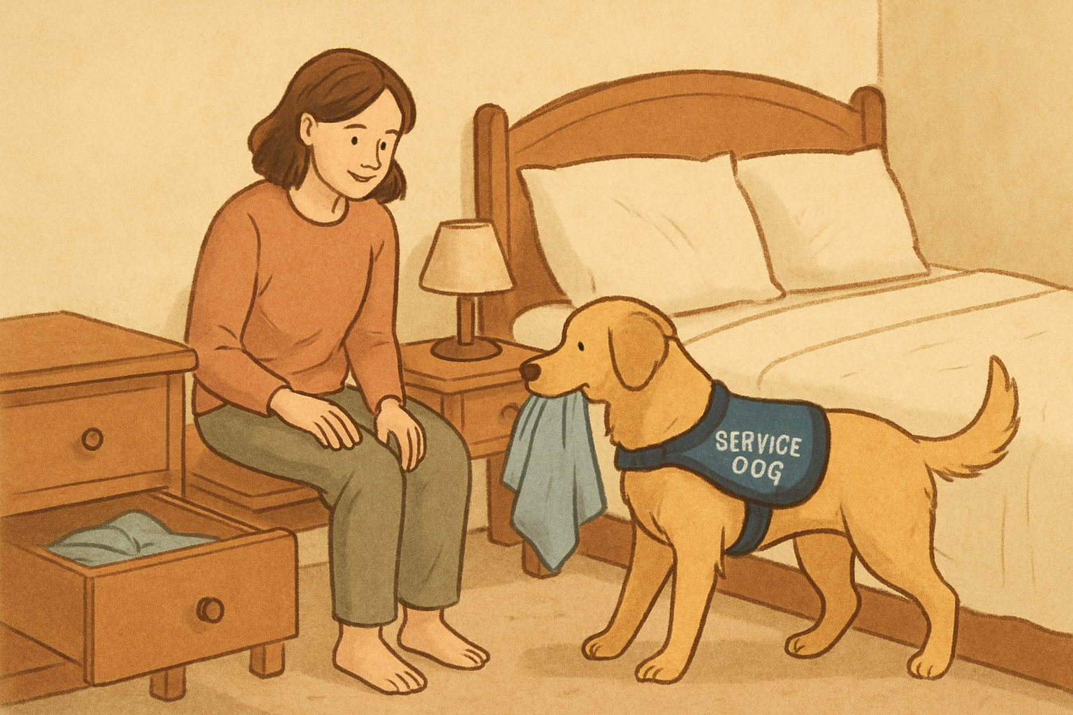 A service dog retrieves a piece of clothing from an open drawer while the handler sits on the edge of the bed in a soft, lived-in bedroom.