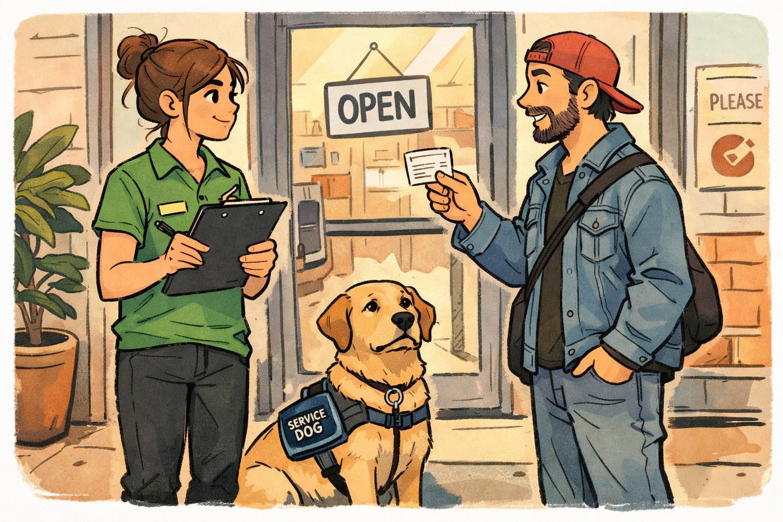 A polite exchange at a store entrance between staff and a handler, with the service dog sitting attentively between them.