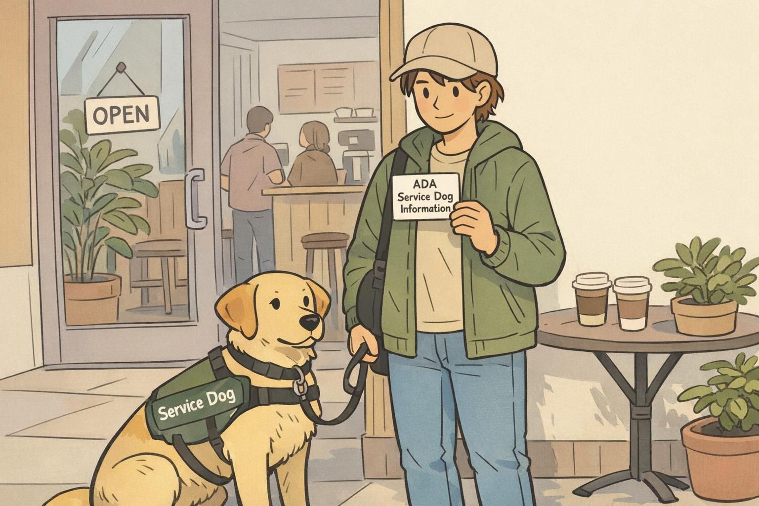 A handler stands to the side of a coffee shop entrance with a service dog at heel, holding a concise ADA information card to clarify the dog's working role.