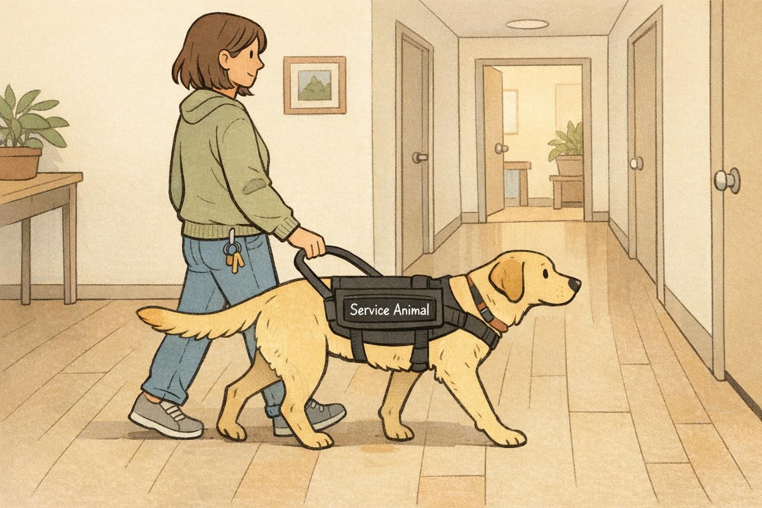 In an indoor hallway a handler lightly holds a bridge handle attached to a service dog's vest labeled as a working animal during a calm walk.