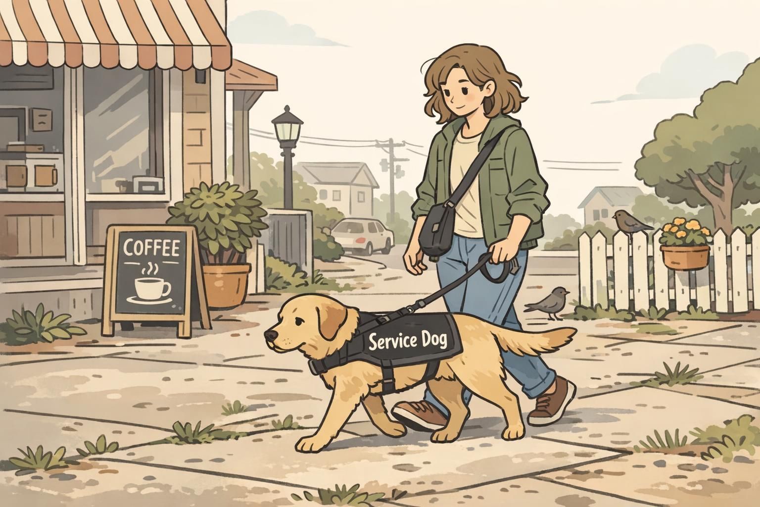 A service dog walking calmly beside its handler along a neighborhood sidewalk, illustrating confident public movement and guidance in low-traffic outdoor settings.