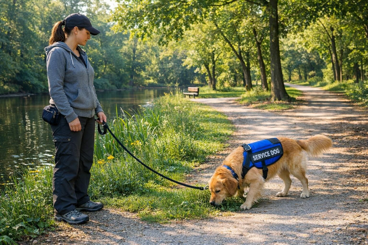 Service dog on a long lead sniffing grass during a calm decompression walk along a peaceful park path with the handler watching attentively.