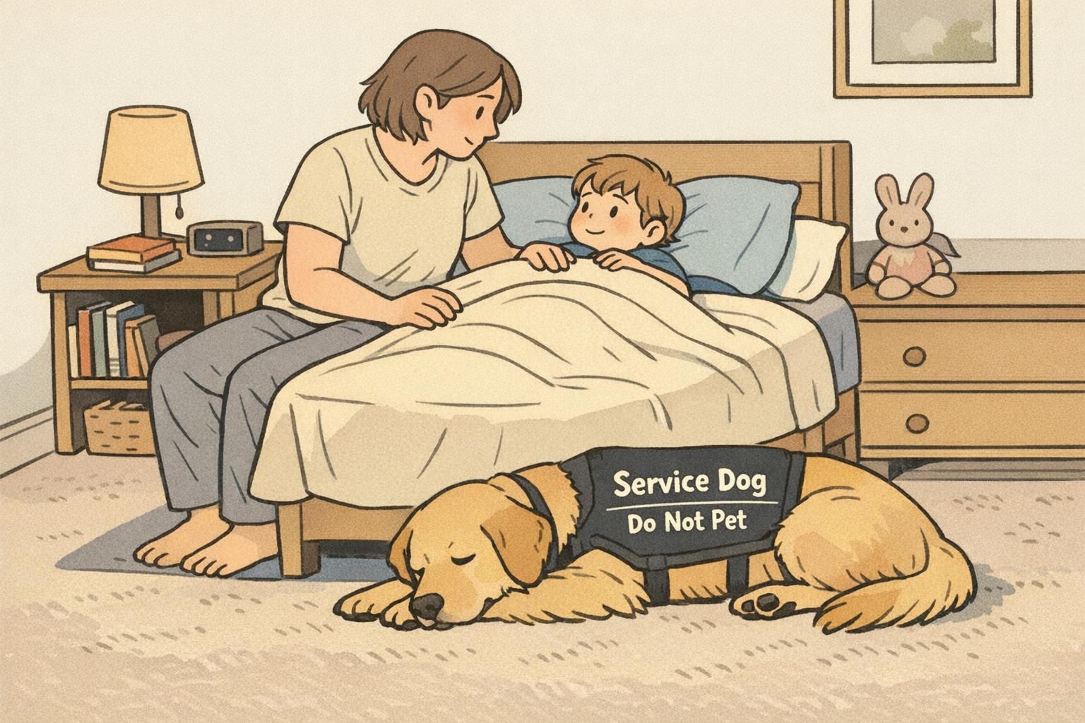 An autism assistance dog lies calmly beside a child at bedtime, wearing a visible working vest while providing grounding presence during transition routines.