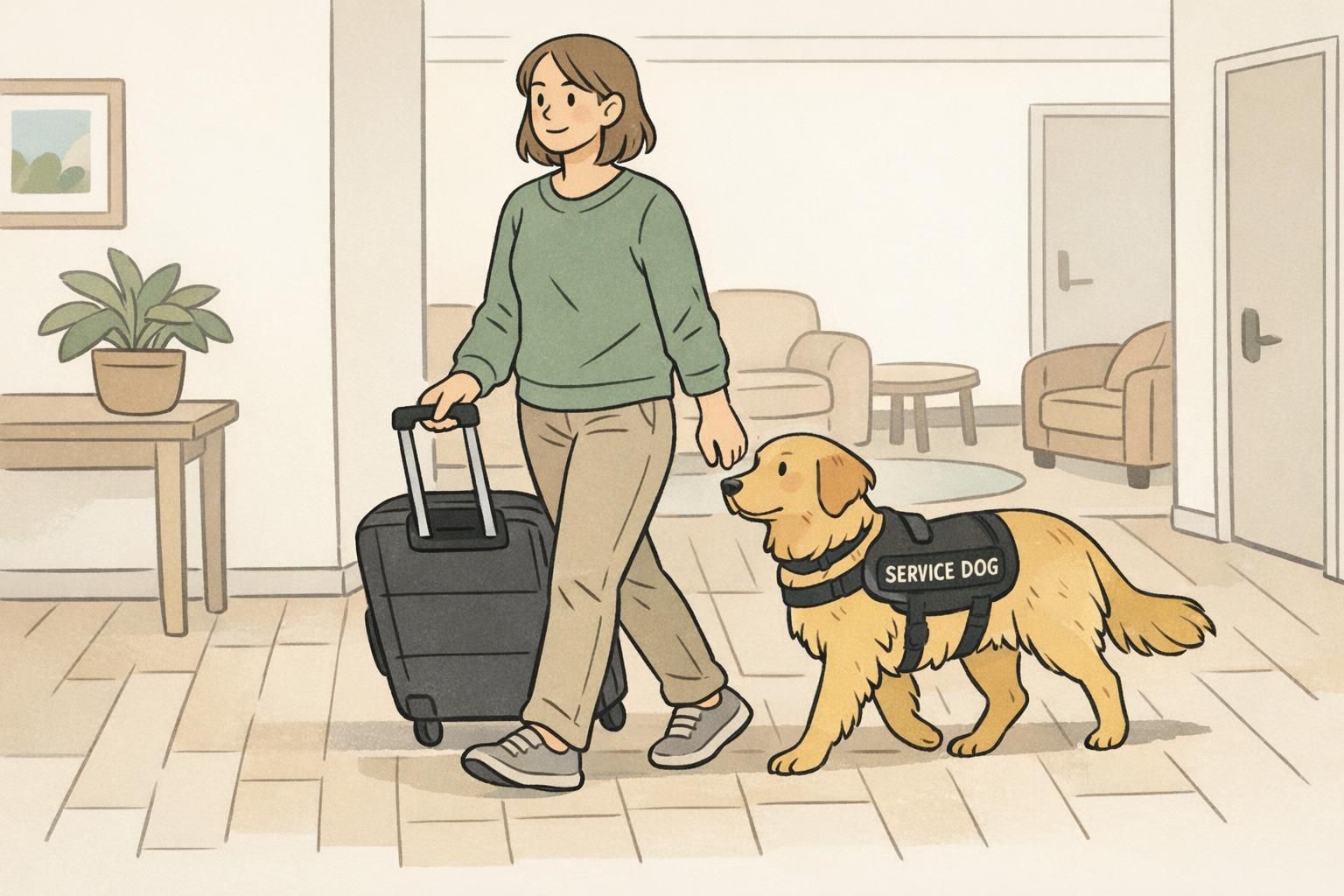 Handler practicing indoor walking drills with rolling luggage while the service dog heels attentively and remains focused.