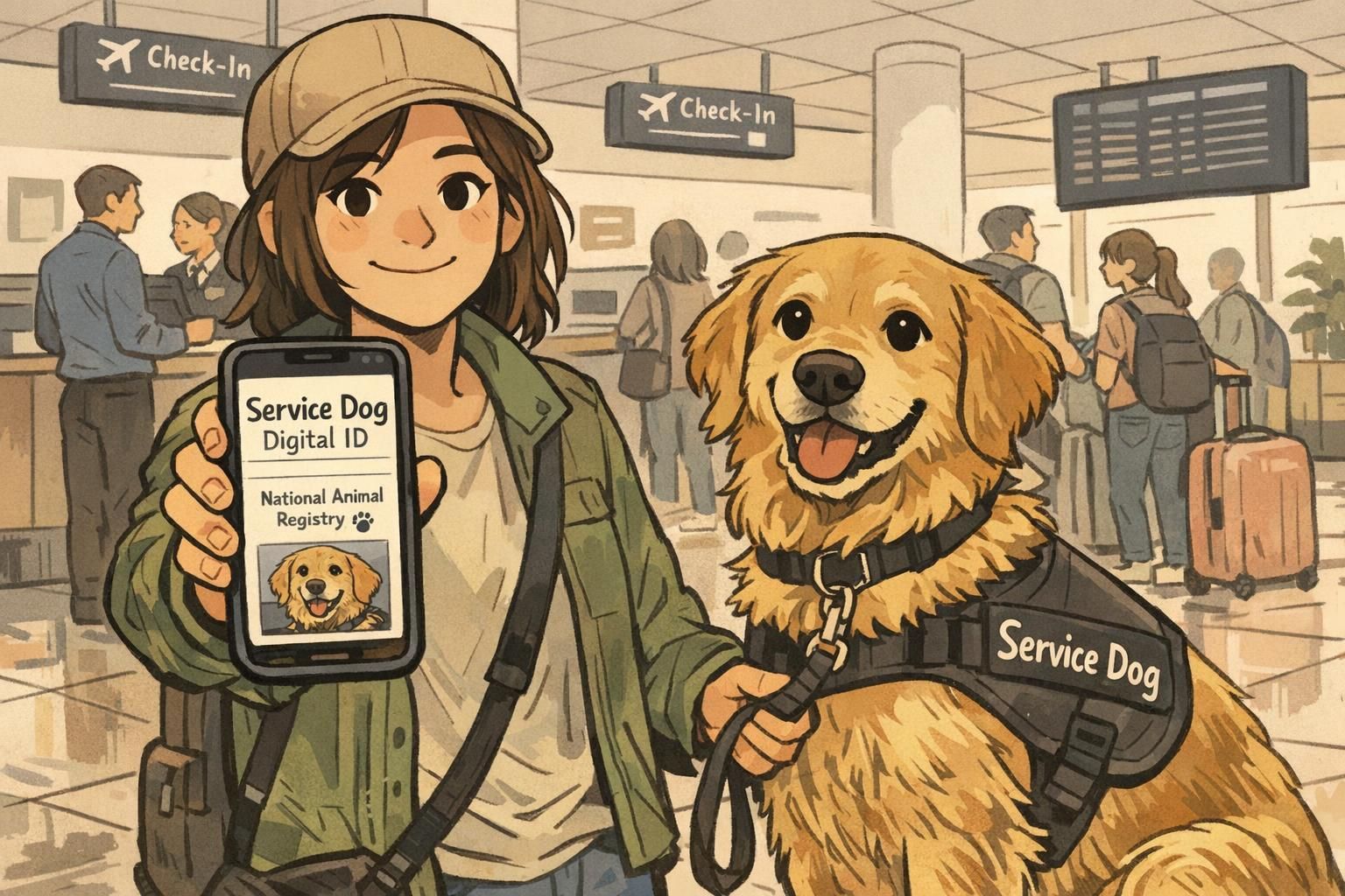 A traveler at an airport check-in displays a phone with a digital service dog ID while their service dog wears a travel-ready vest.