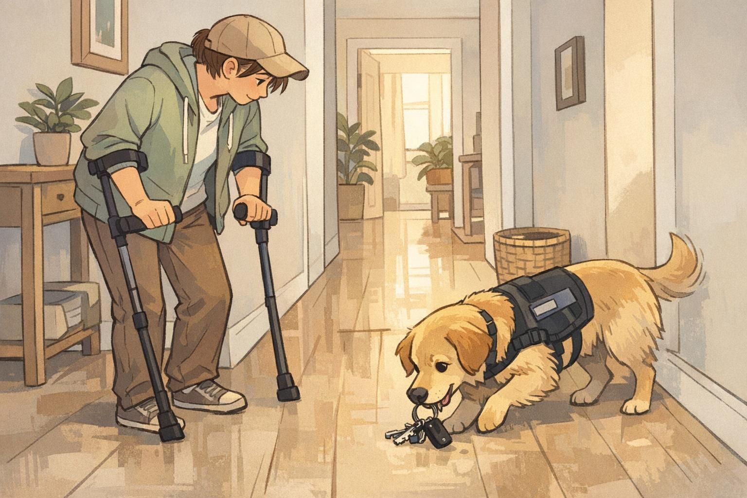 A service dog retrieves a set of dropped keys for a handler using a mobility aid in a quiet home hallway, showing practical task support in everyday spaces.