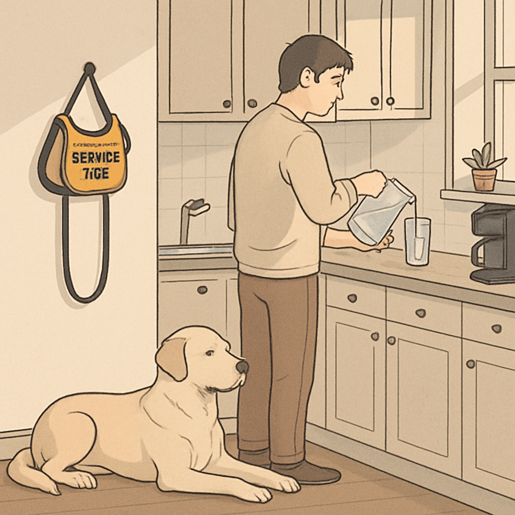 A service dog waits calmly in a down-stay in a tidy apartment kitchen while the handler pours a glass of water, leash and vest visible on a nearby hook.