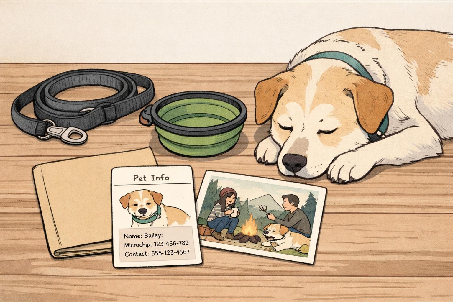 A travel-prep tabletop with a leash, collapsible bowl, ID card, and a resting dog nearby, illustrating organization and identification for trips with a working dog.