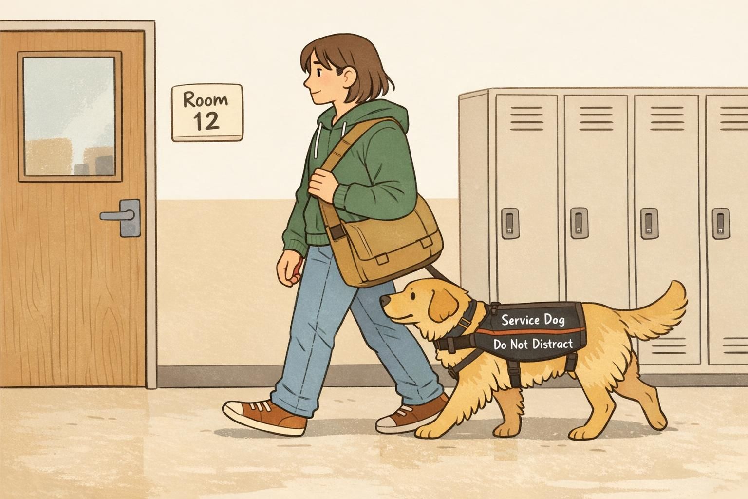 A student and service dog walking calmly past lockers in a school hallway, illustrating predictable movement, quiet settling, and reduced distraction during busy transitions.