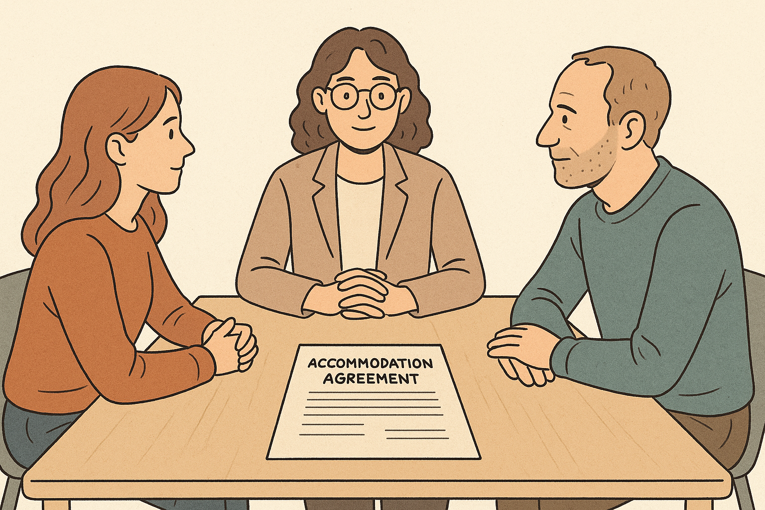 A mediated meeting at a table where tenant and landlord review a printed accommodation agreement to resolve an assistance-animal dispute.