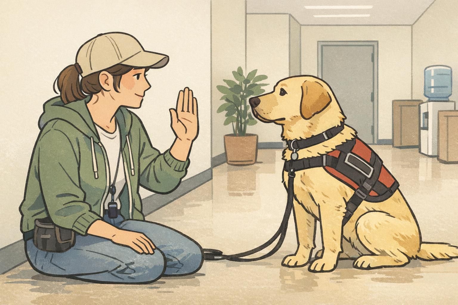 A handler gives a clear hand signal to a service dog in a quiet hallway, demonstrating an intentional cue that prompts an observable task.