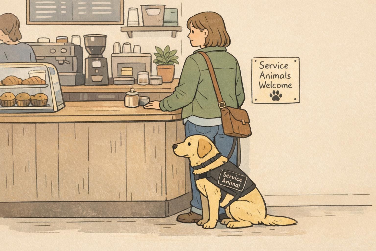 In a quiet coffee shop near the counter, a handler stands as their service dog waits calmly beside them under a visible 'Service Animals Welcome' sign.