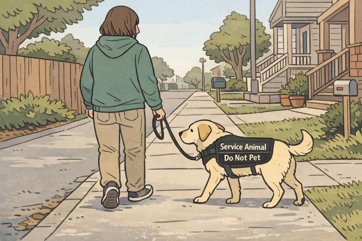 An adult handler walks a service dog along a quiet neighborhood sidewalk; the dog wears a working vest and maintains close, focused position to help the handler navigate safely.