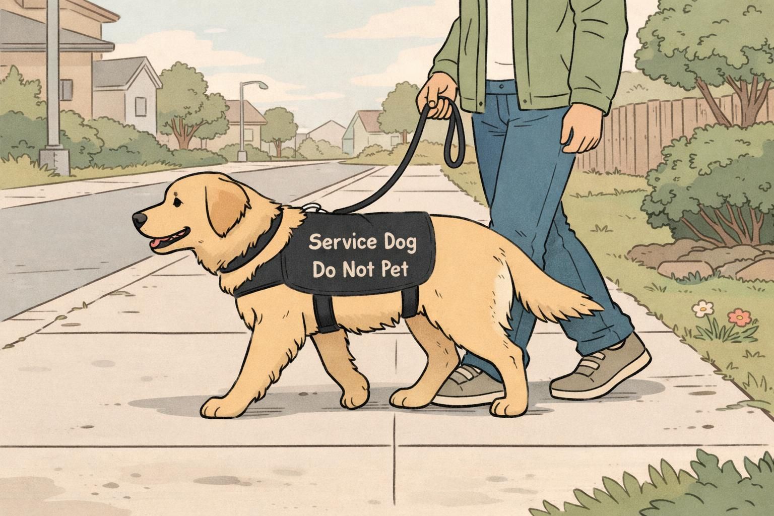 A service dog walks at heel beside its handler on a quiet neighborhood sidewalk, wearing a working vest and demonstrating loose-leash public-manners training.