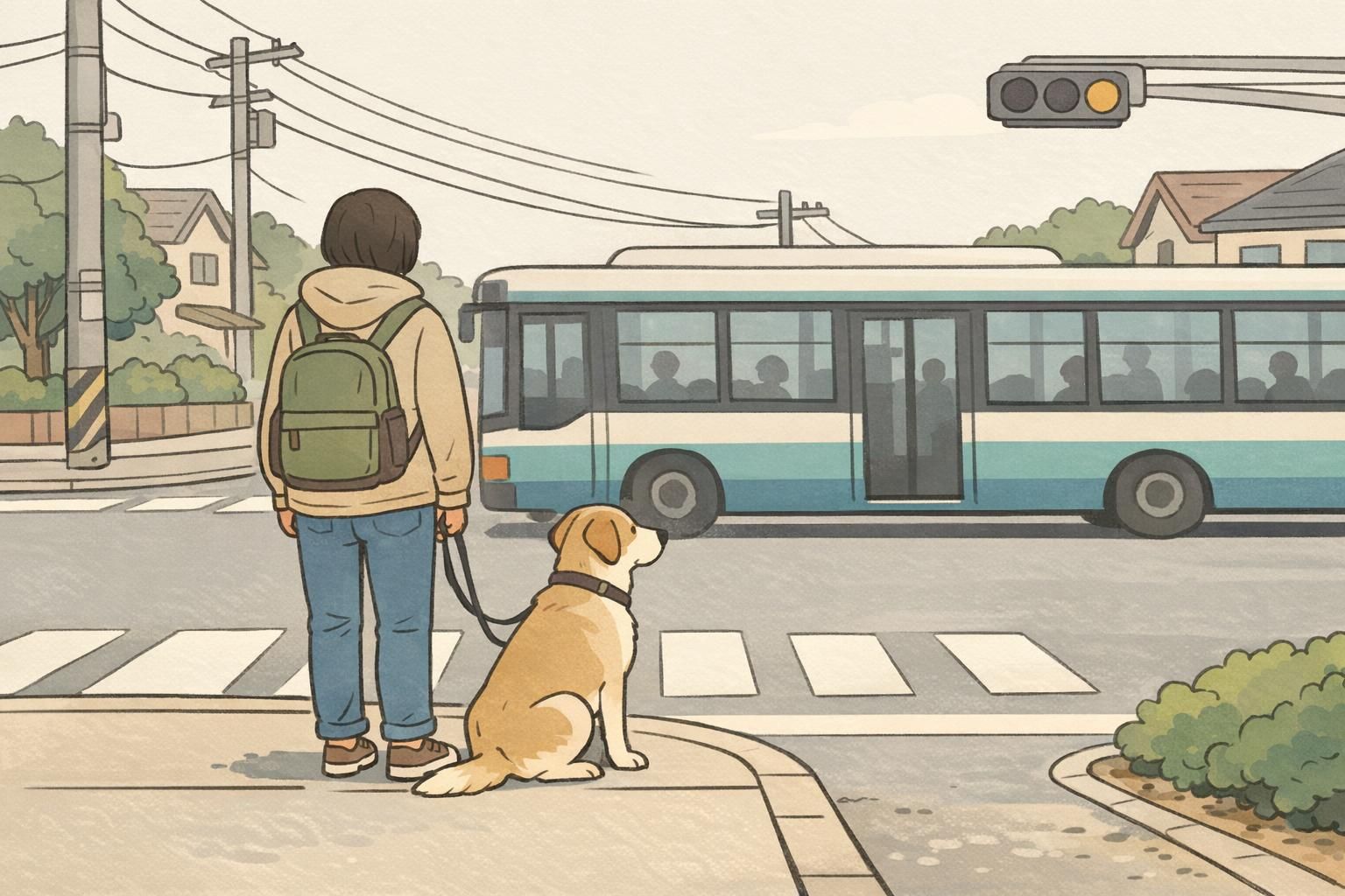 A handler and dog pause at a neighborhood crosswalk as a bus passes; the dog remains relaxed and attentive, demonstrating public-composure and recovery from stimuli.