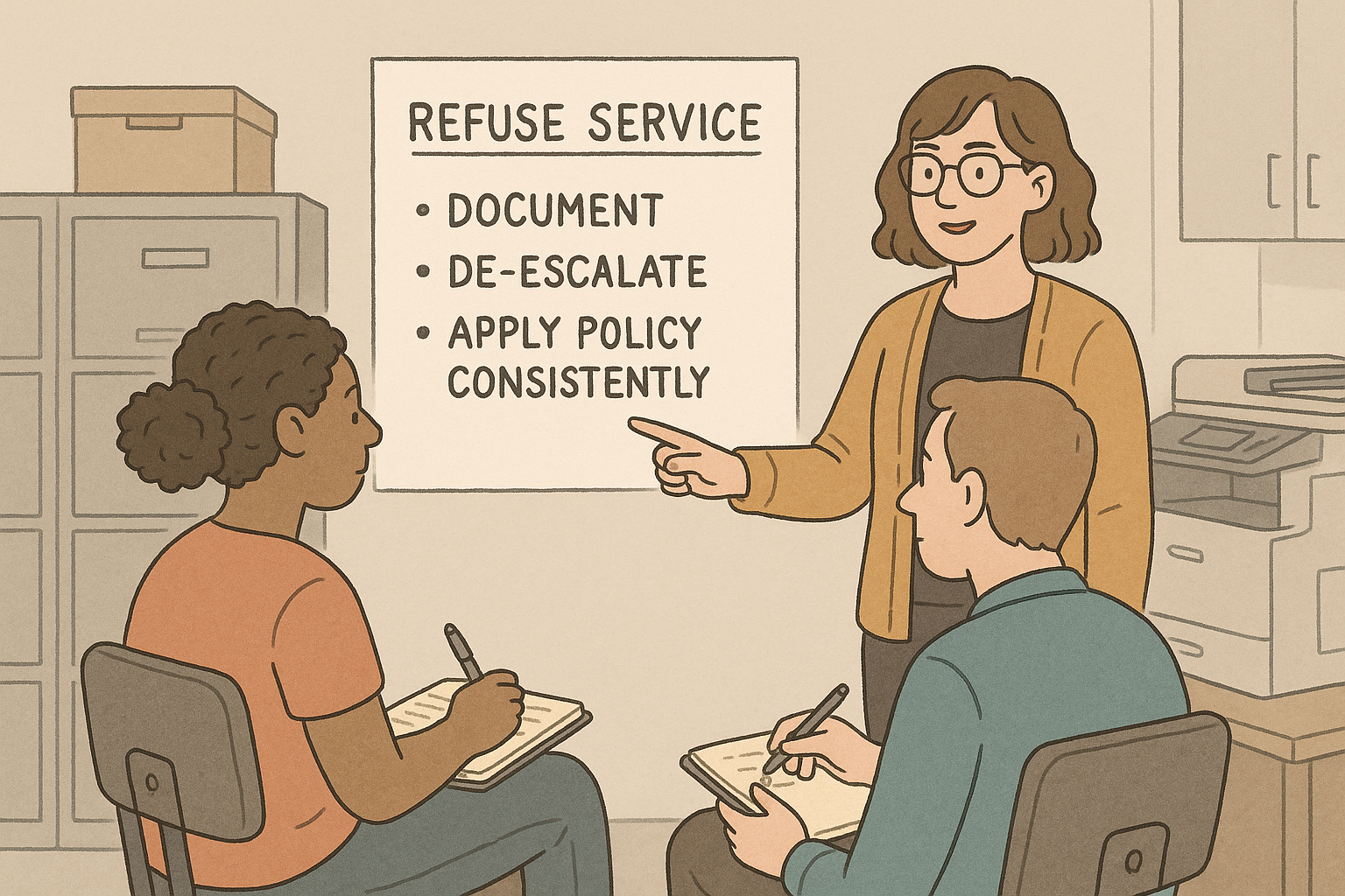 Backroom training scene where a supervisor points to a simple refusal checklist as staff take notes on consistent enforcement procedures.