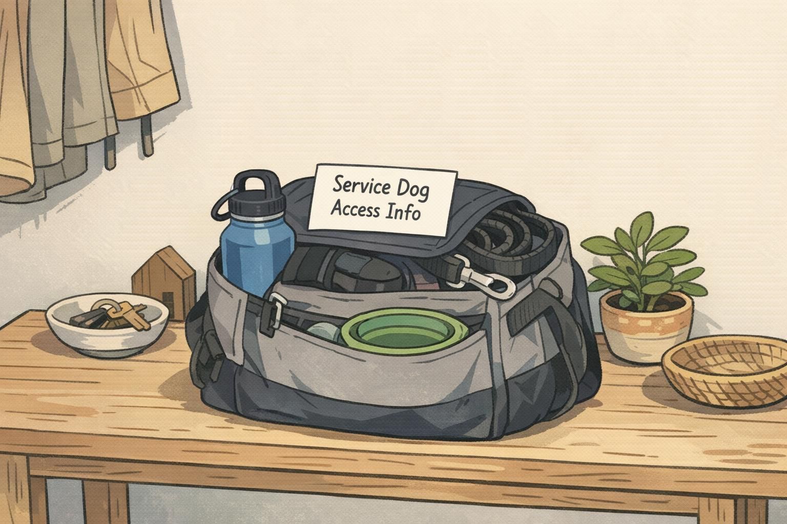 An entryway table with an organized go-bag: leash, water bottle, collapsible bowl, cleanup supplies, and a compact information card for quick service-dog access communication.