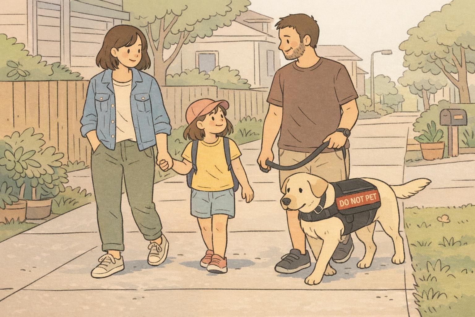 A family walks down a quiet neighborhood sidewalk with a service dog on leash wearing a 'Do Not Pet' vest, showing confident, calm community outings.