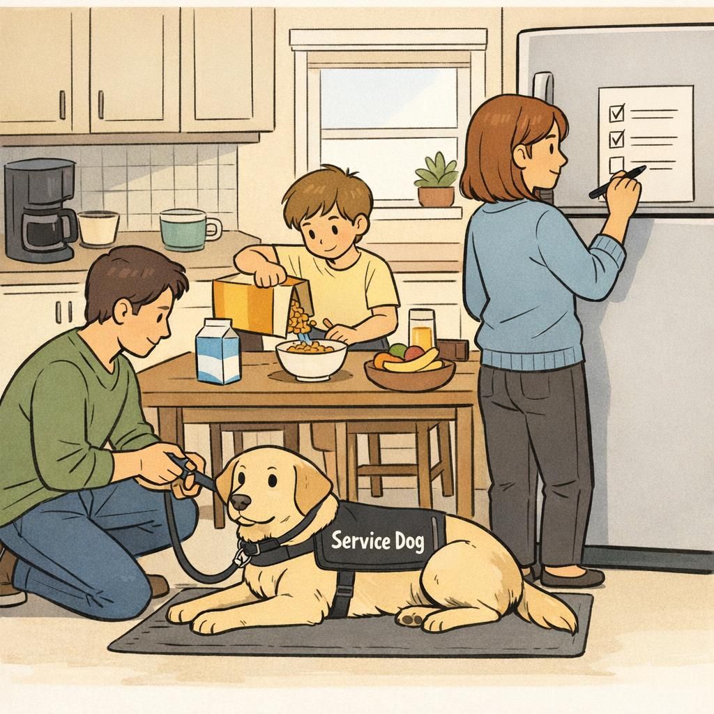 A calm family morning in a tidy kitchen: an adult clips a leash onto a service dog resting on a mat while a child pours cereal and another adult checks a list on the fridge.
