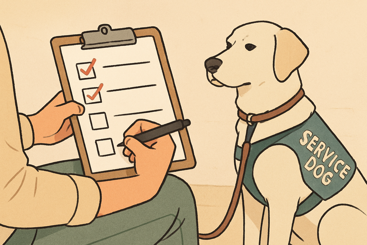 Close-up of a checklist on a clipboard held by a handler with a relaxed service dog at their side, illustrating evaluation and readiness tracking.