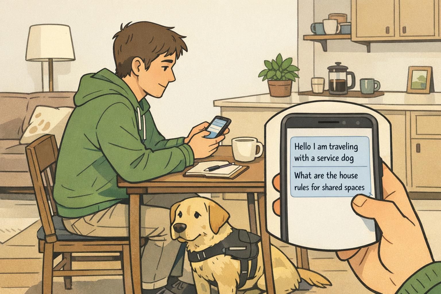 Person messaging an Airbnb host from a living room to confirm house rules for a service dog and shared-space expectations before booking.