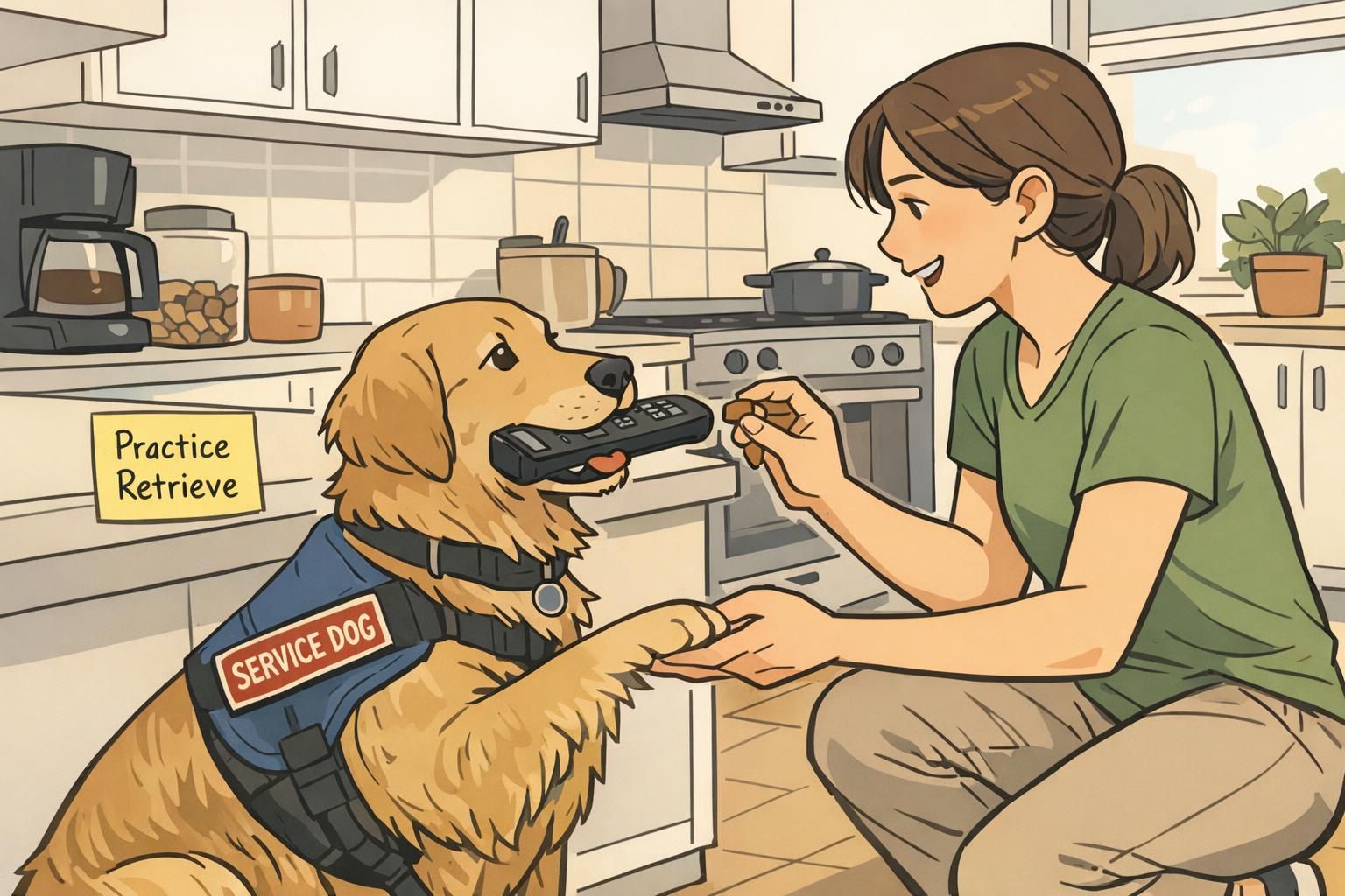 A handler rewards a service dog in a kitchen for a neat retrieve to hand, illustrating shaping, proofing, and step-by-step training with treats.
