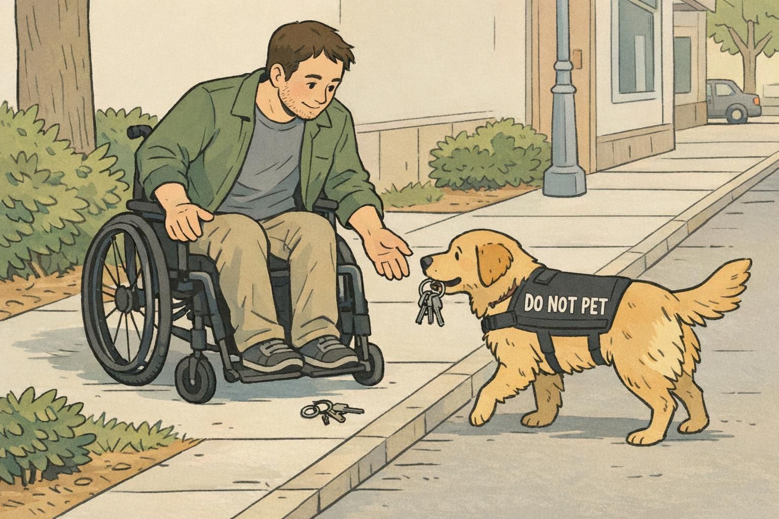On a sidewalk an adult using a wheelchair drops keys and a service dog quickly retrieves them, illustrating practical retrieval work that supports independence.