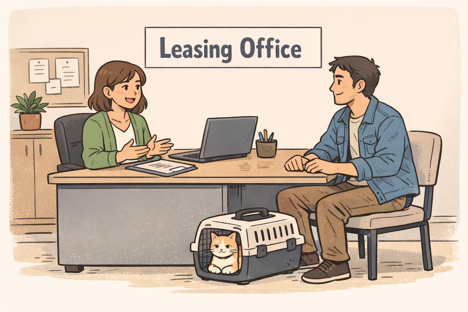 A tenant speaks with a property manager at a leasing desk while a cat sits quietly in a carrier at the tenant’s feet.