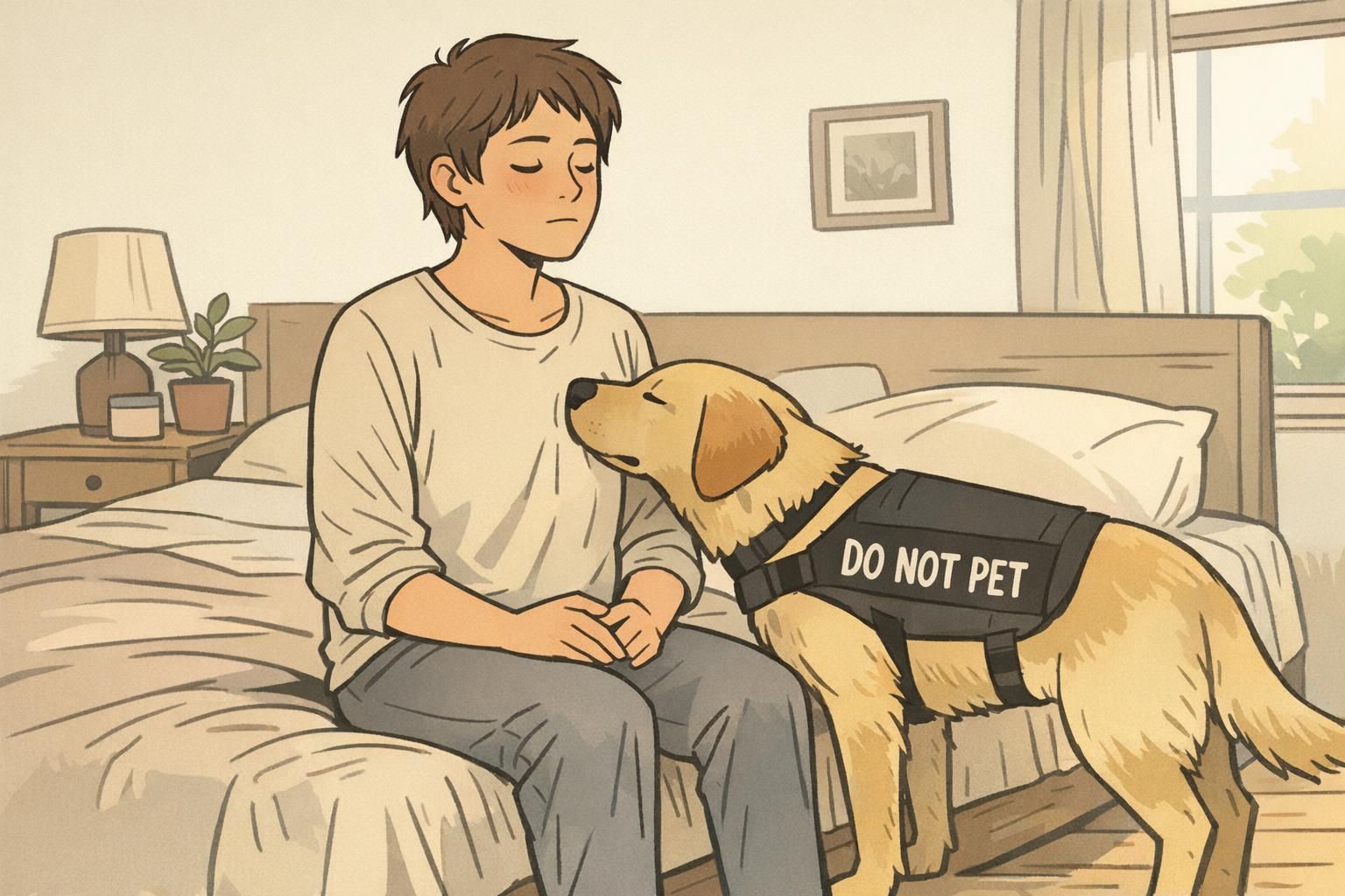 In a calm bedroom, a service dog nudges a handler practicing slow breathing to interrupt and ground them, an example of psychiatric task support.